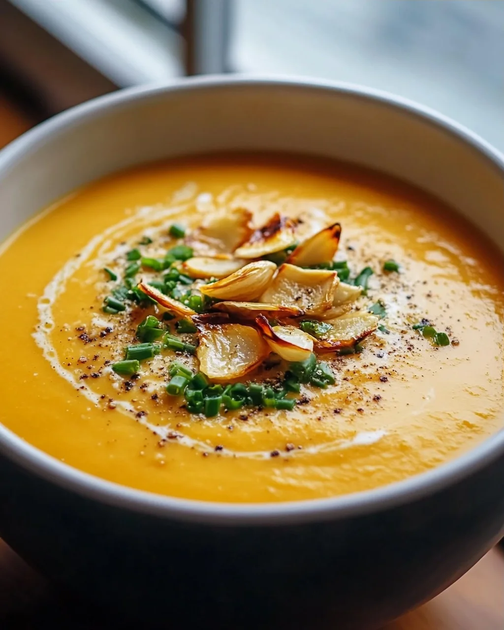 Aromatische Hokkaido Kürbissuppe mit geröstetem Knoblauchöl