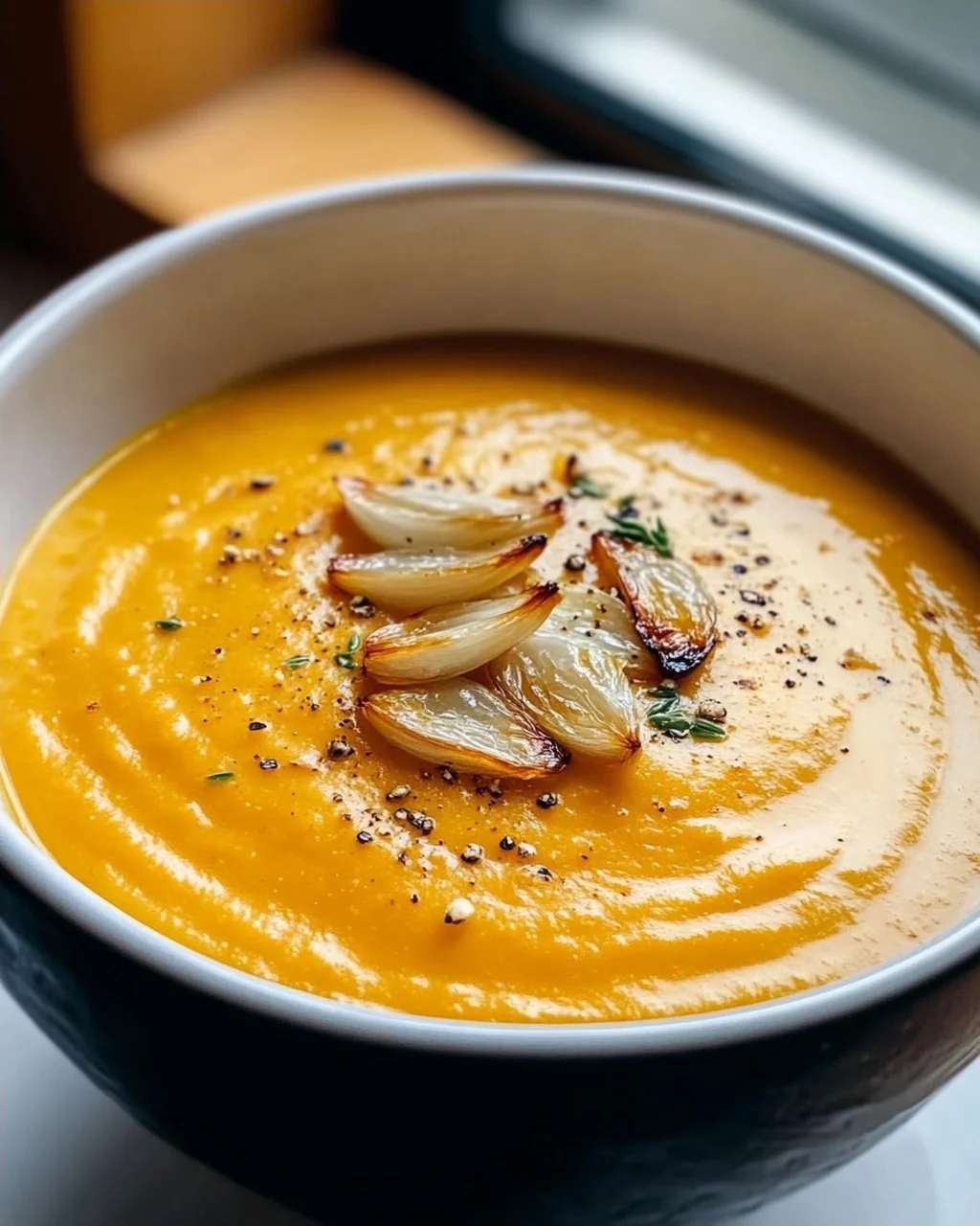 Aromatische Hokkaido Kürbissuppe mit geröstetem Knoblauchöl