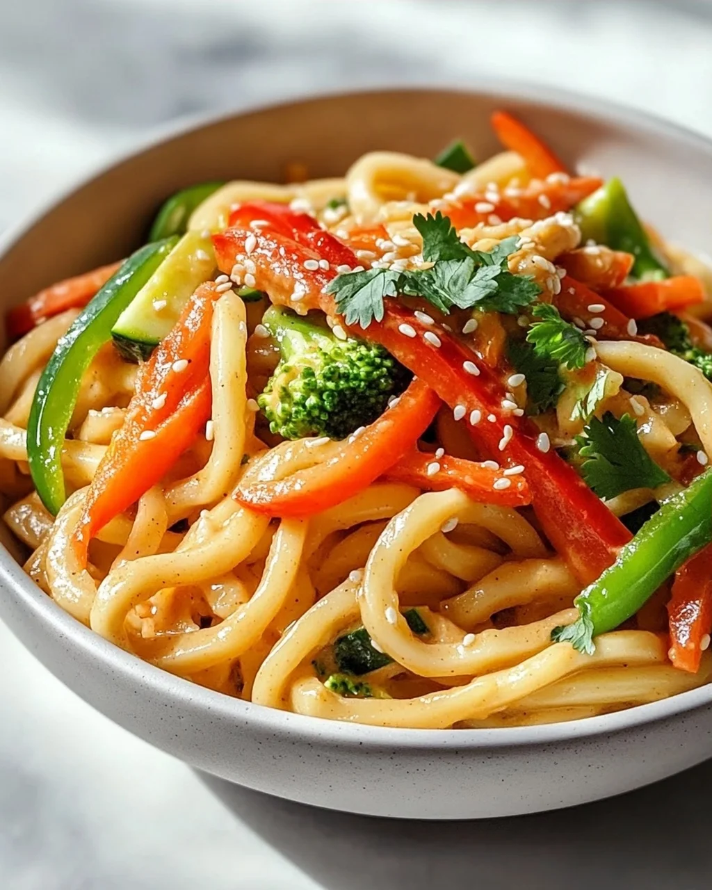 Asiatische Udon Nudeln mit Erdnusssauce und frischem Gemüse