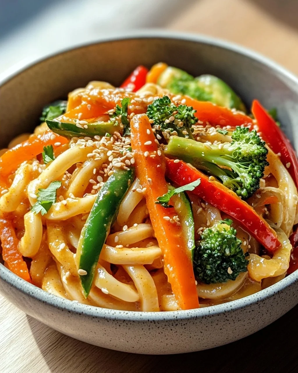 Asiatische Udon Nudeln mit Erdnusssauce und frischem Gemüse