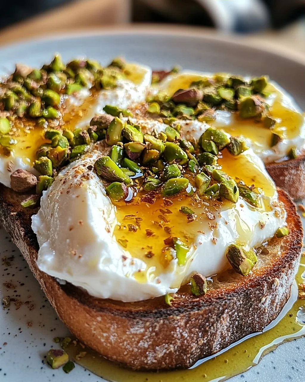 Burrata-Toast mit Pistazien und heißem Honig