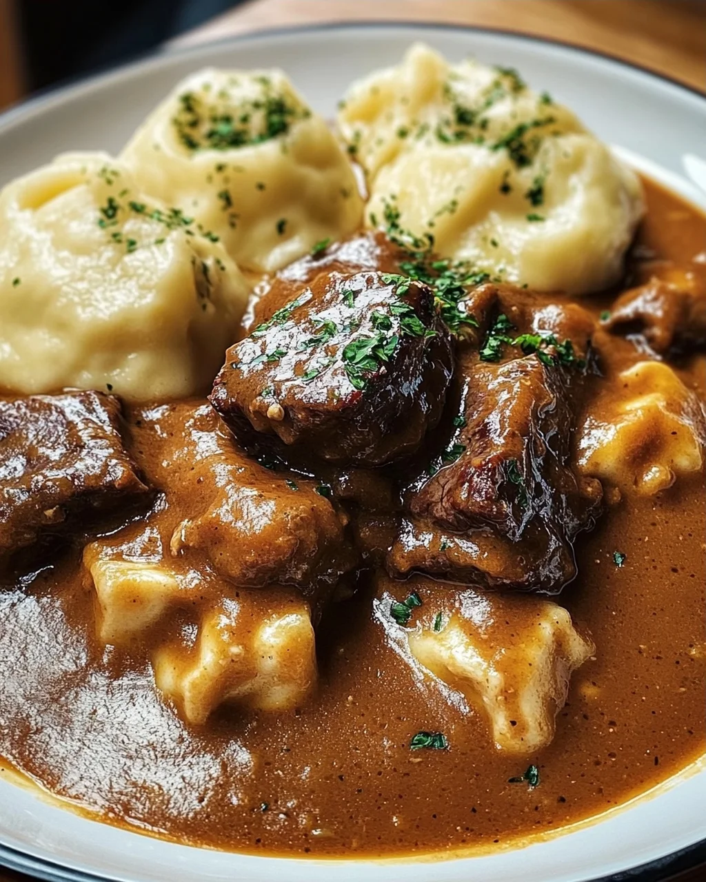 Butterzartes Rahmgulasch mit Serviettenknödel