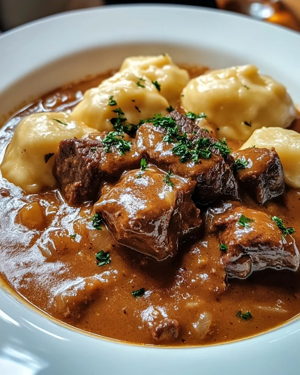 Butterzartes Rahmgulasch mit Serviettenknödel