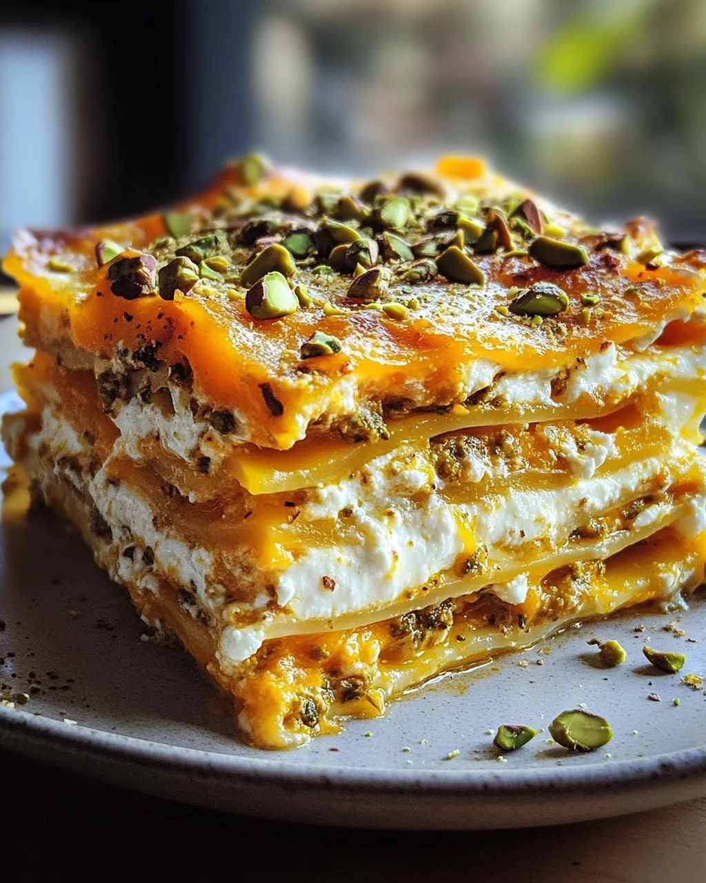 Cremige Kürbislasagne mit Ricotta und Pistazien