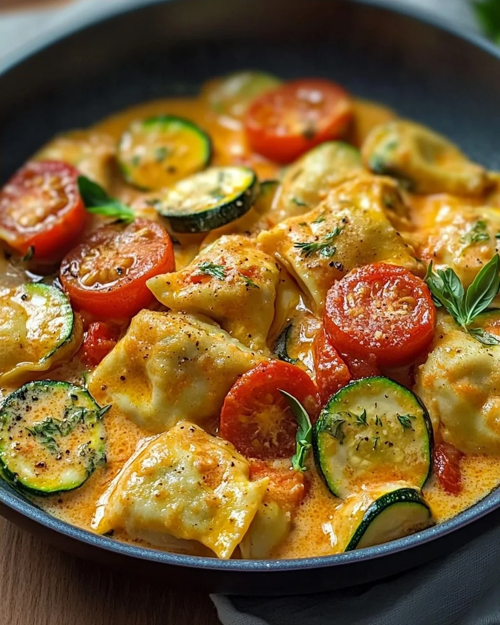 Cremige Maultaschenpfanne mit Zucchini und Tomaten genießen