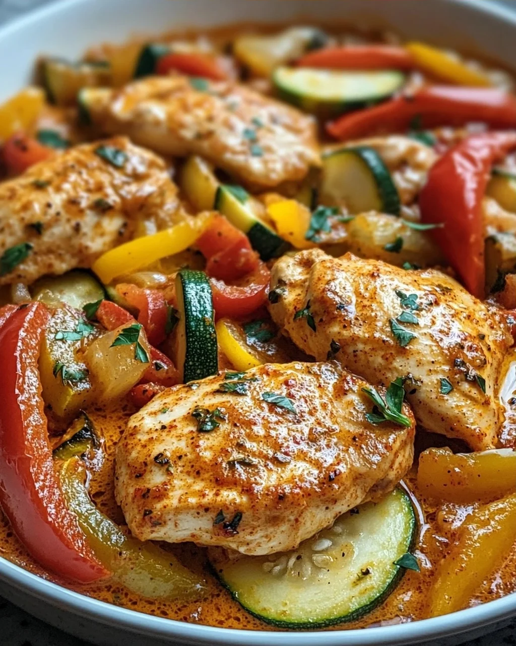 Cremiges Paprika Zucchini Hähnchen