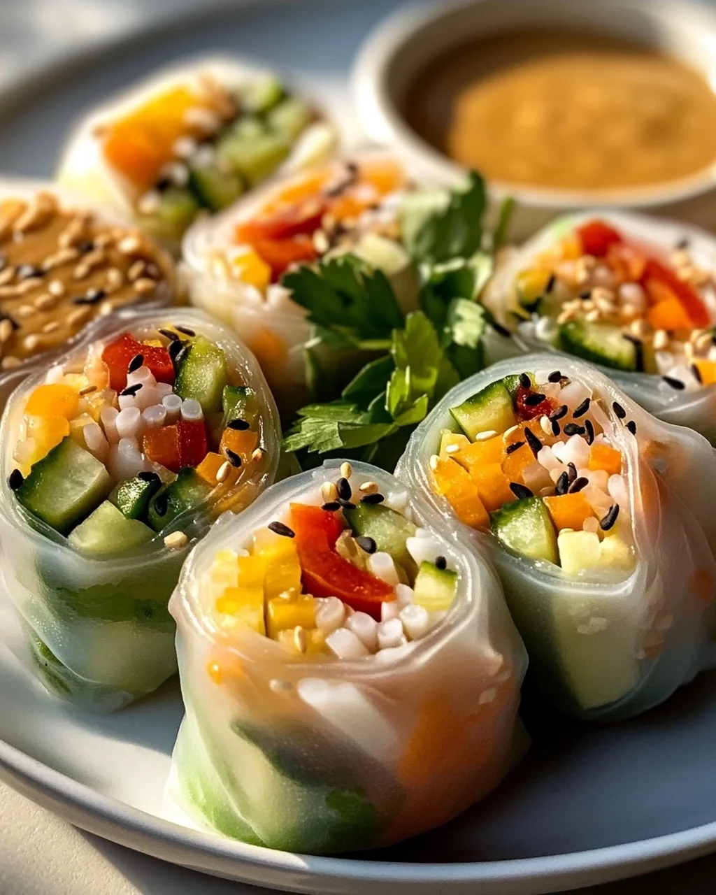 Frische Sommerrollen mit cremiger Erdnusssauce genießen