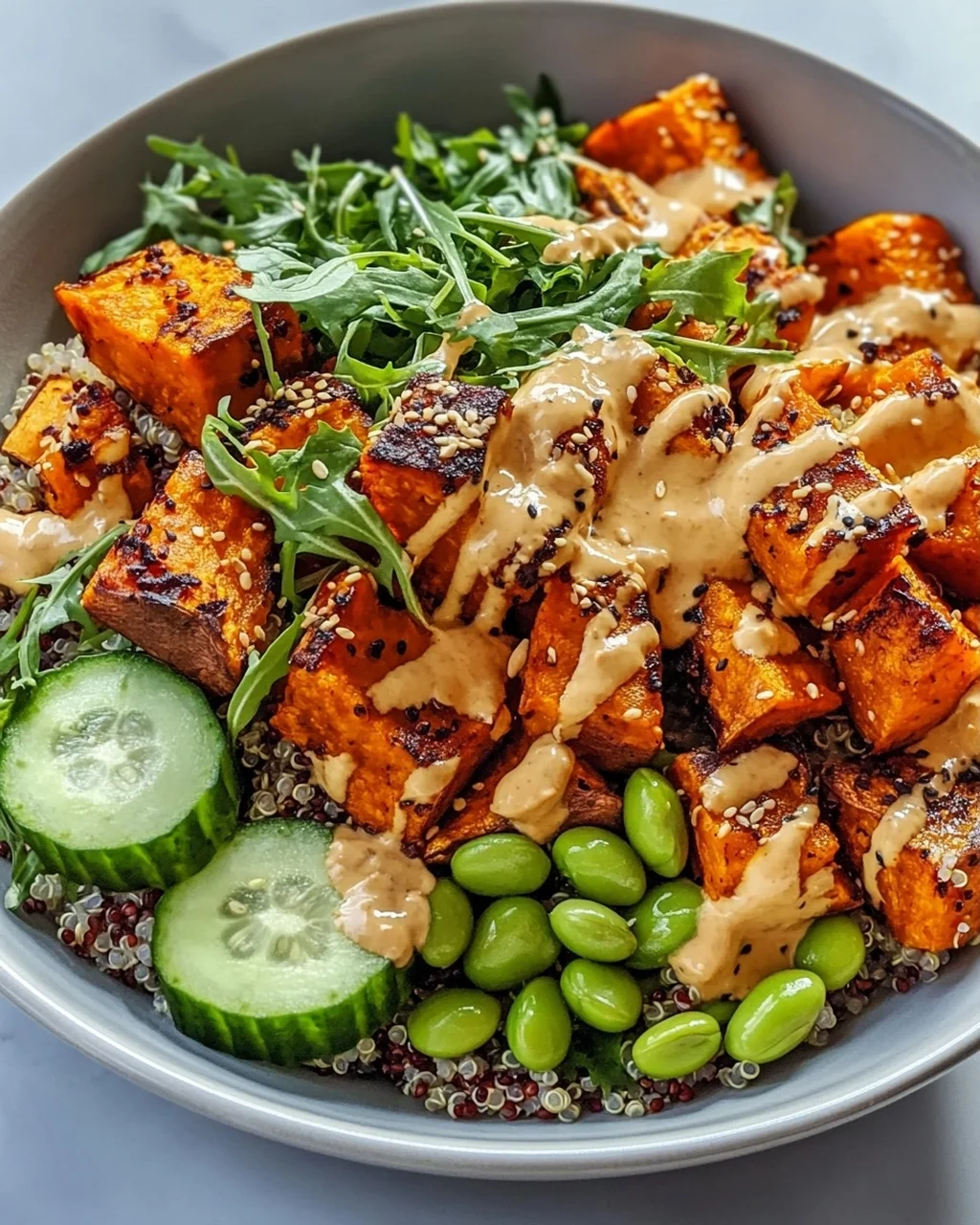 Gerösteter Süßkartoffel Quinoa Salat mit Sesam-Miso Sauce