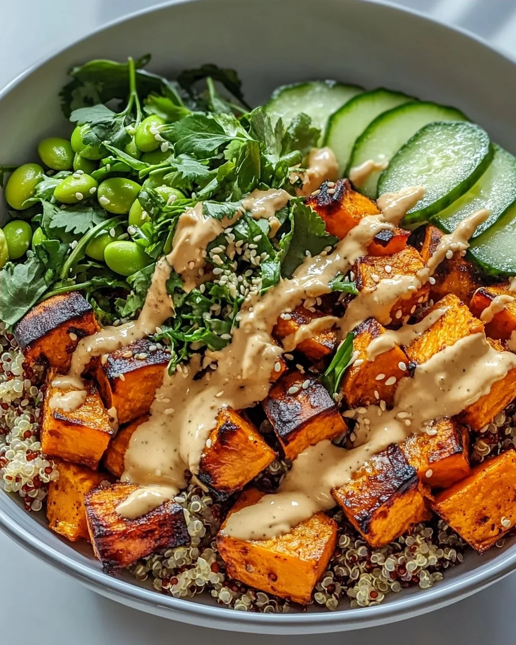 Gerösteter Süßkartoffel Quinoa Salat mit Sesam-Miso Sauce