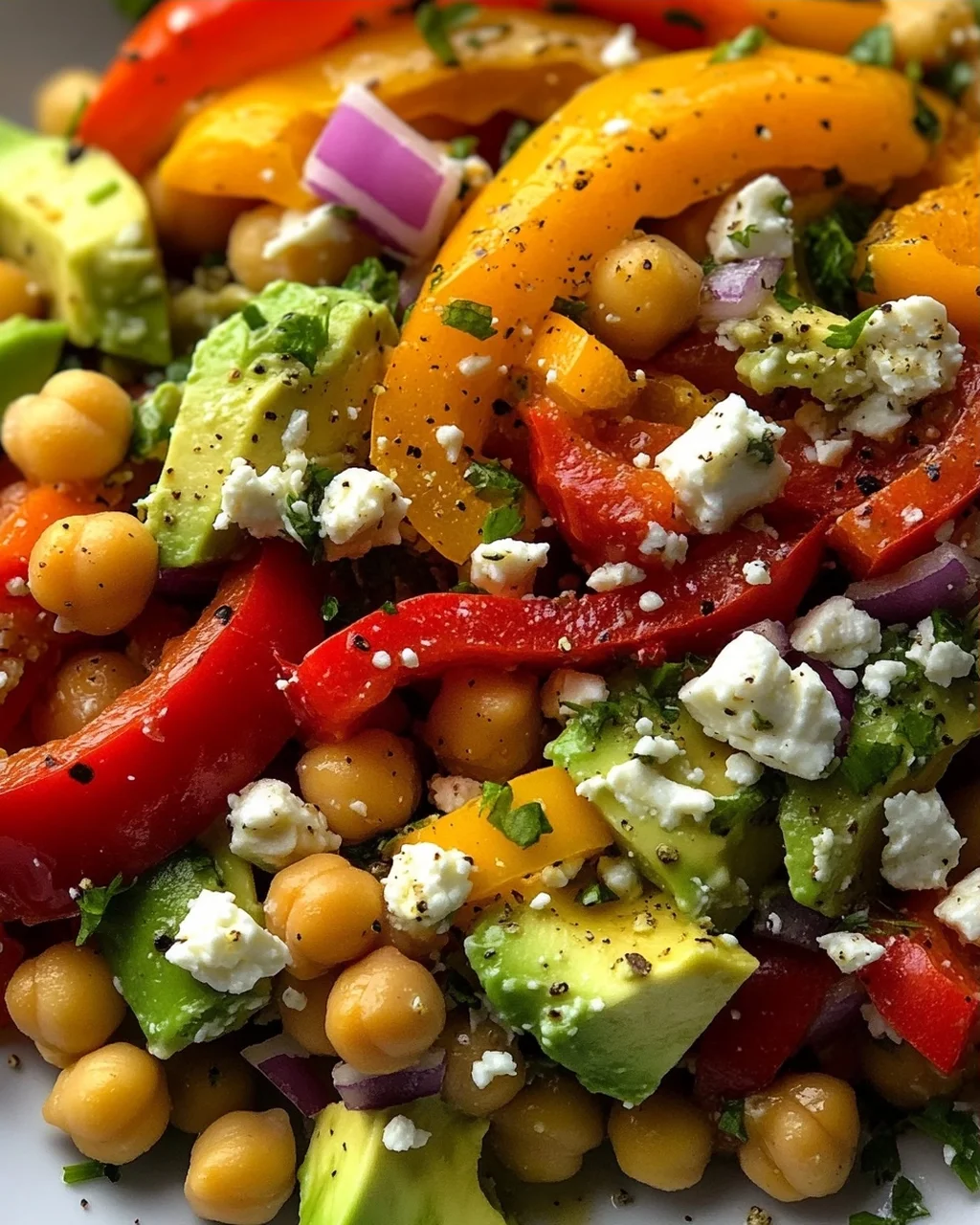 Kichererbsen-Feta-Avocado-Salat mit gerösteten Paprika