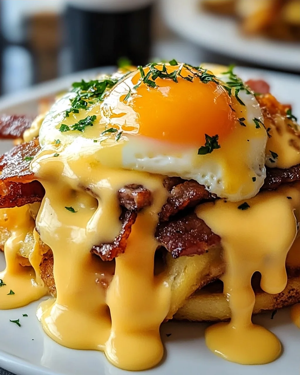 Köstliche Frühstücks Poutine mit cremiger Hollandaise.