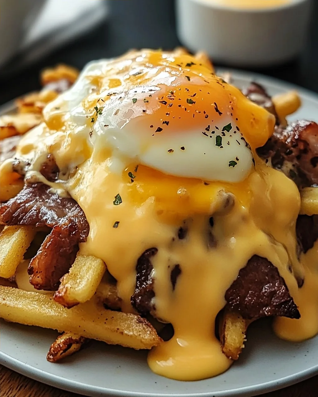 Köstliche Frühstücks Poutine mit cremiger Hollandaise.