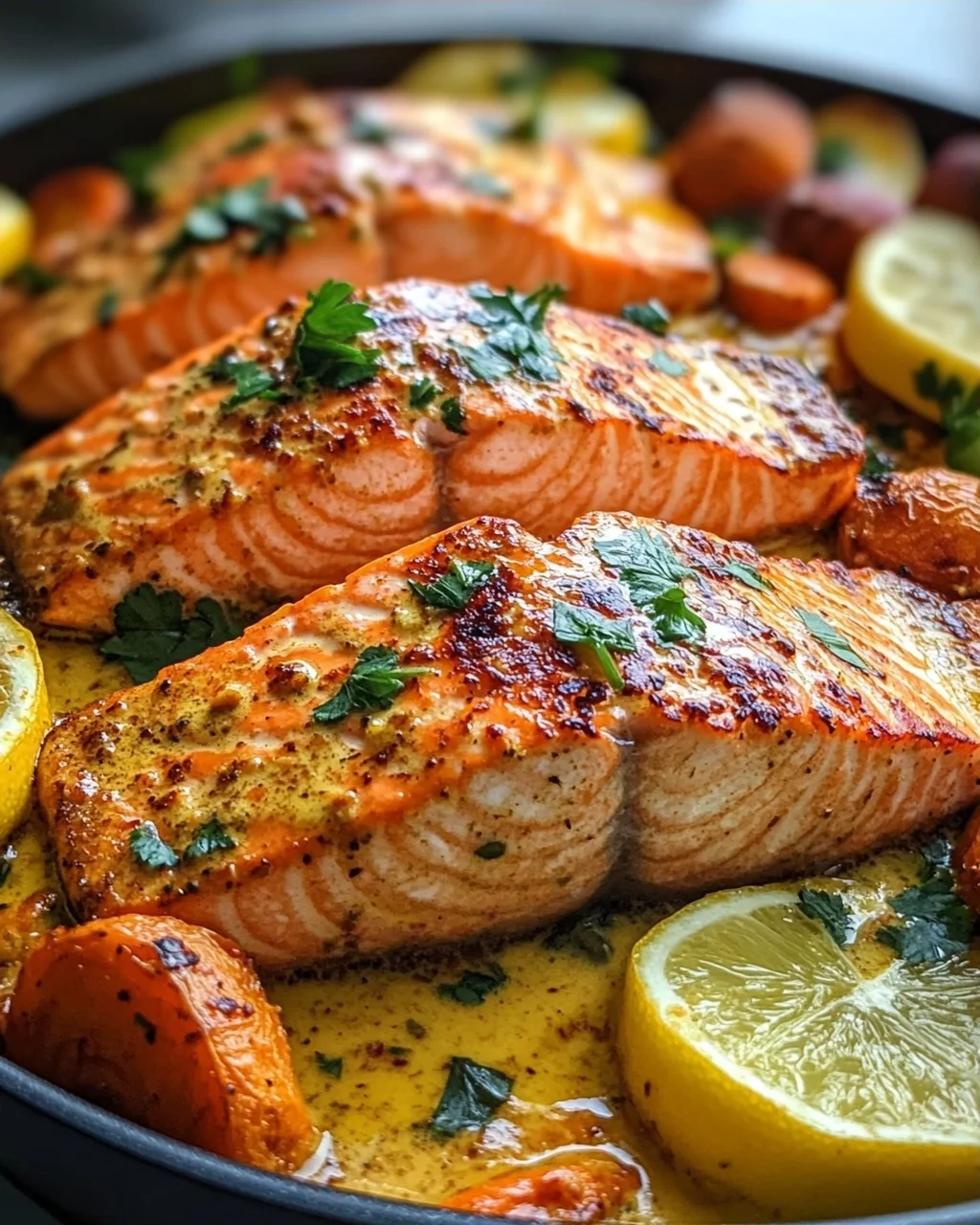 Köstlicher One Pan Kokos-Curry Lachs mit Knoblauchbutter