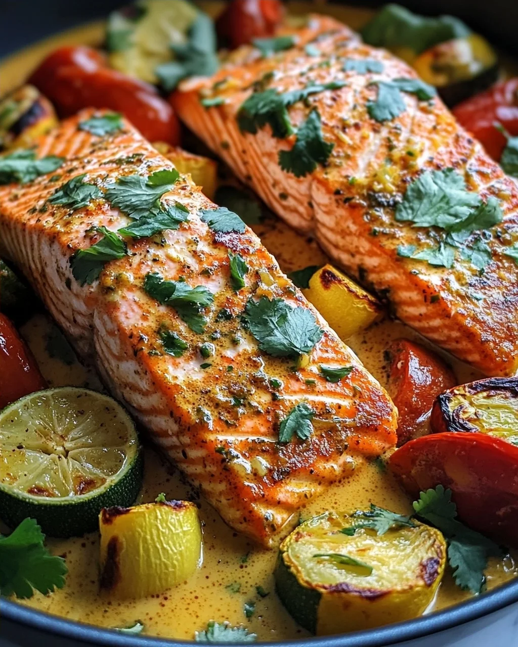Köstlicher One Pan Kokos-Curry Lachs mit Knoblauchbutter