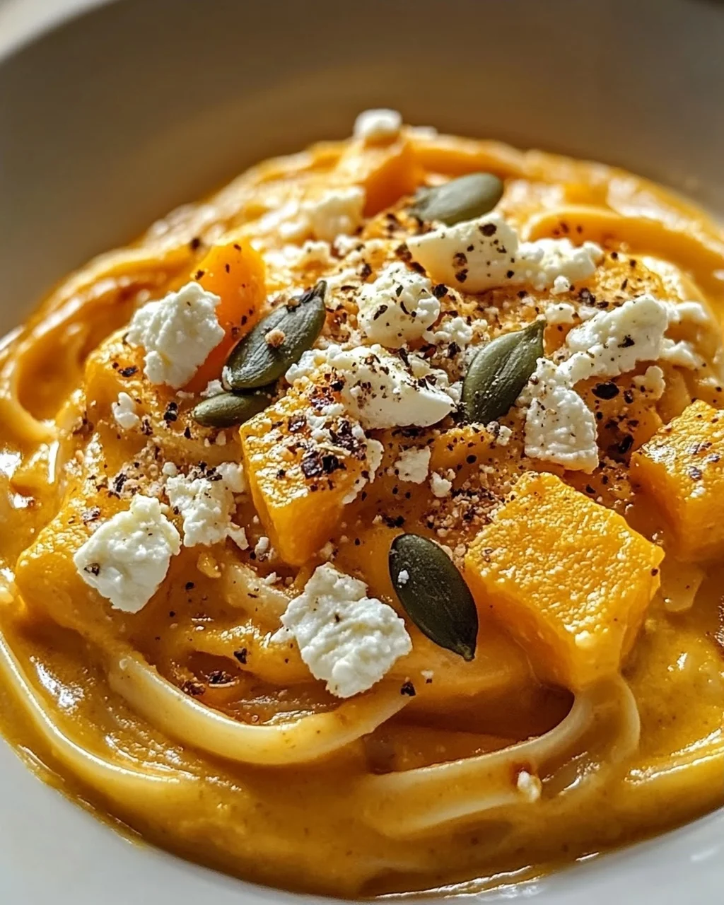 Kürbis-Feta-Pasta: Cremig, aromatisch, mit knusprigen Kernen
