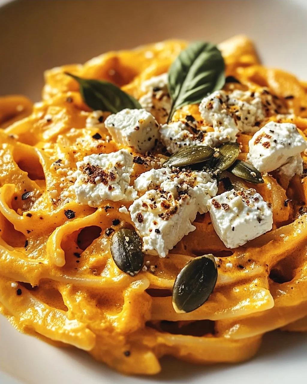 Kürbis-Feta-Pasta: Cremig, aromatisch, mit knusprigen Kernen