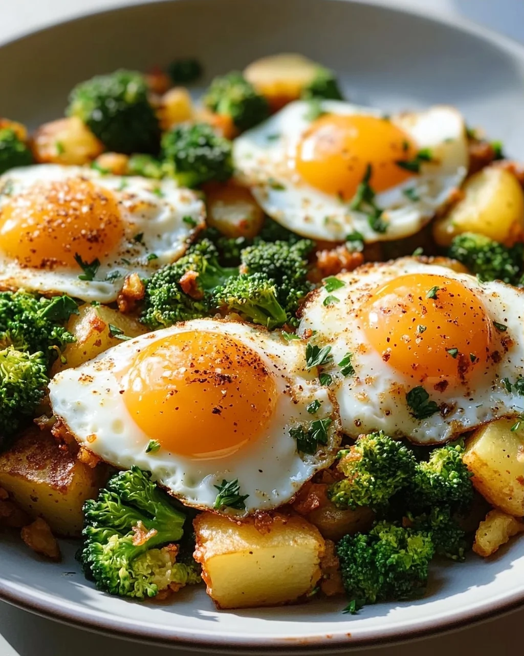 Leckeres Kartoffel-Brokkoli Frühstücks-Hash mit Spiegeleiern