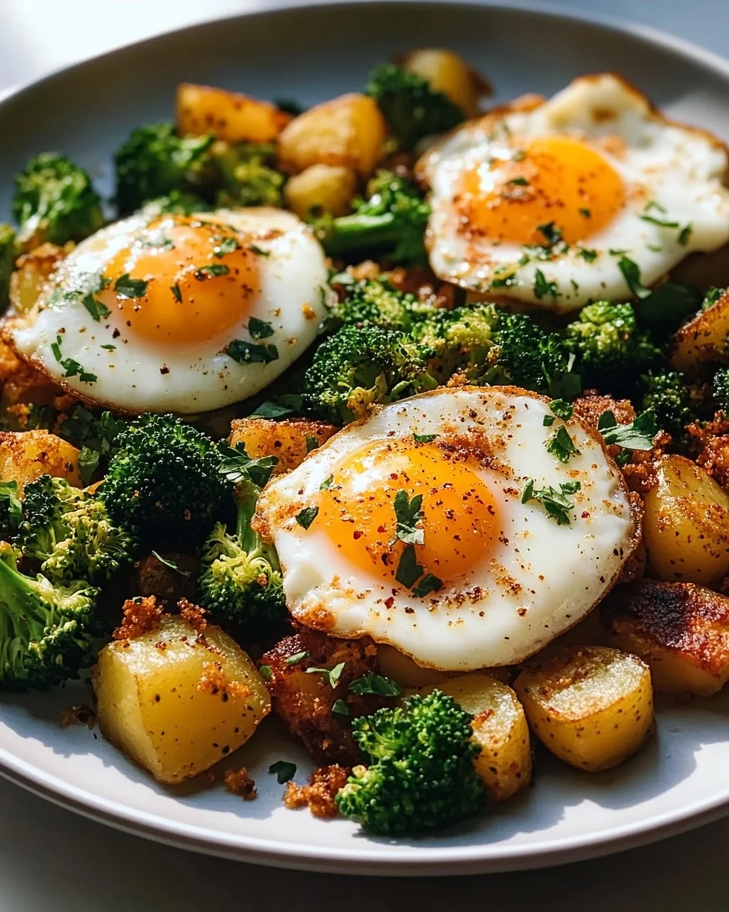 Leckeres Kartoffel-Brokkoli Frühstücks-Hash mit Spiegeleiern
