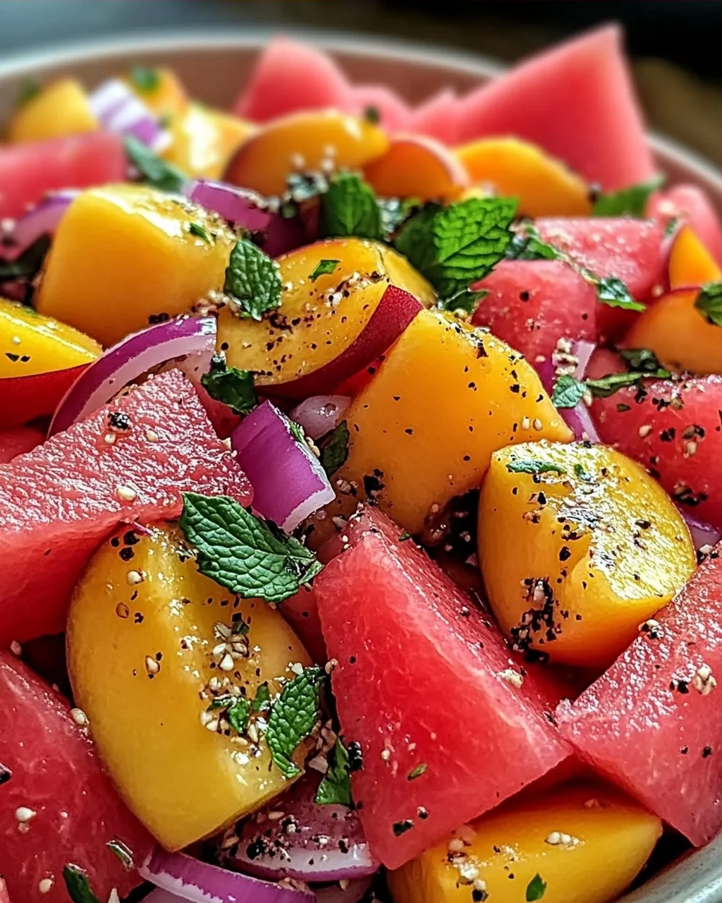 Pfirsich Wassermelonen Salat für heiße Sommertage
