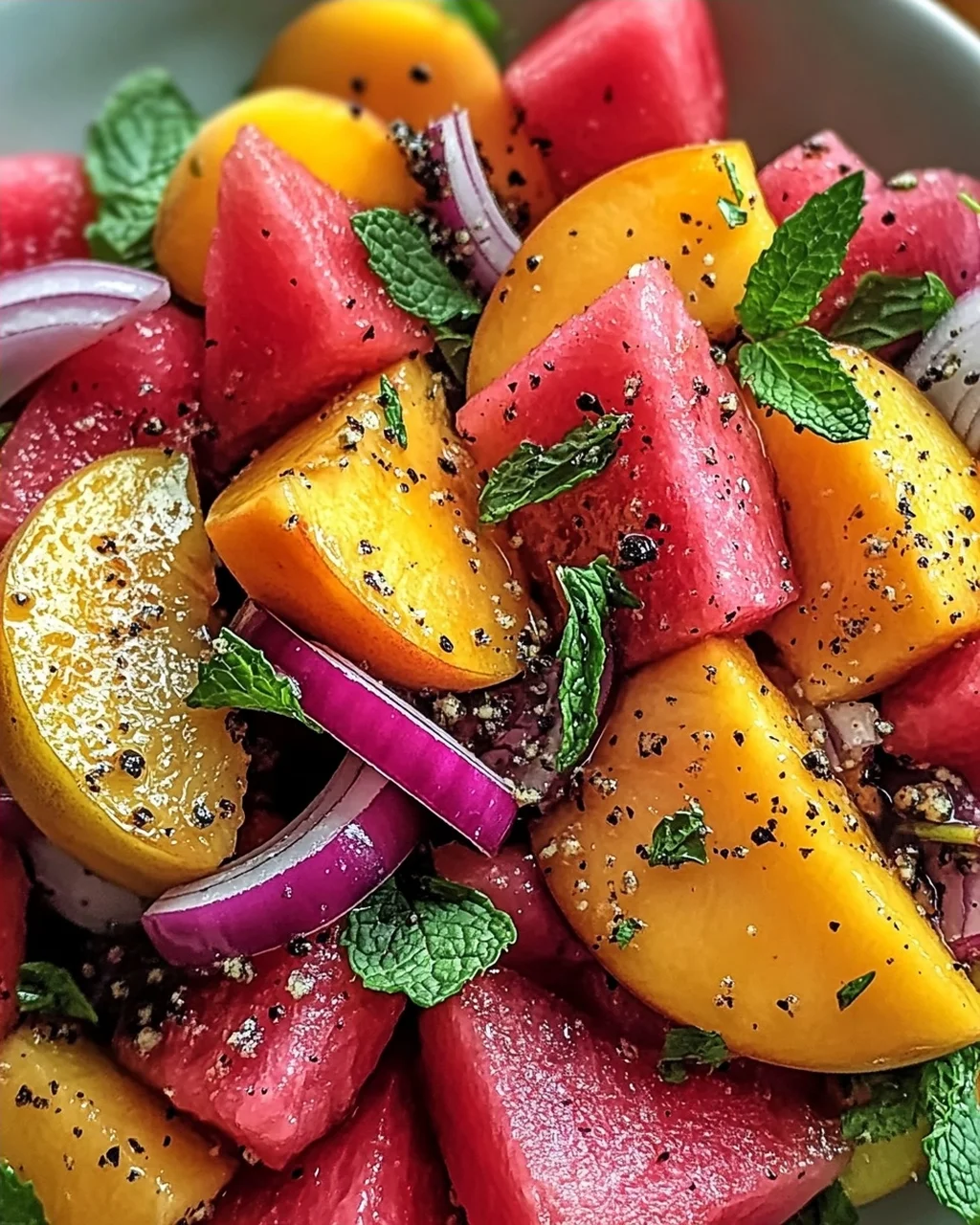 Pfirsich Wassermelonen Salat für heiße Sommertage