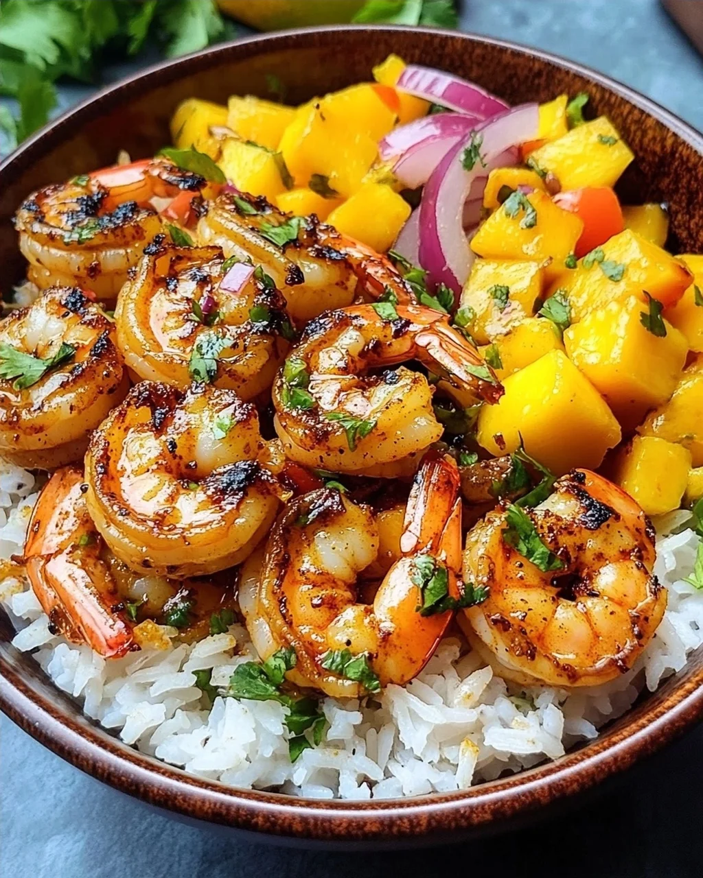 Pikante Garnelen und Mango Salsa Reisbowl