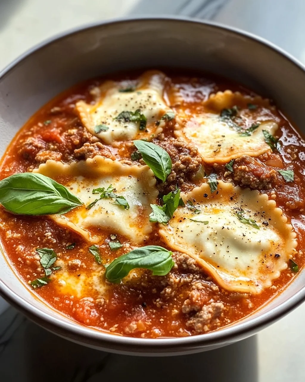 Pizzasuppe mit Hackfleisch & Ravioli in Tomatensahne-Sauce