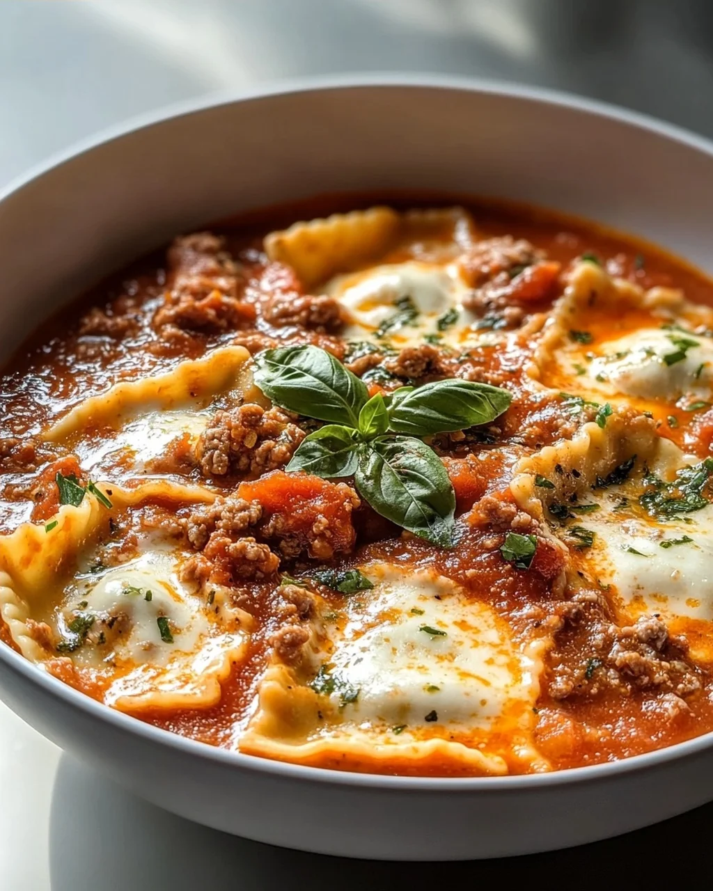 Pizzasuppe mit Hackfleisch & Ravioli in Tomatensahne-Sauce