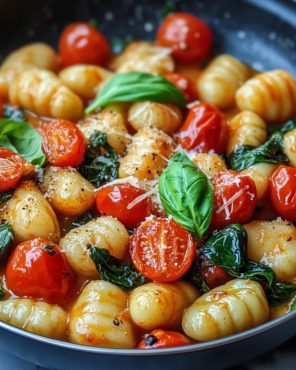 Schnelle Gnocchi Pfanne mit Tomate und Spinat