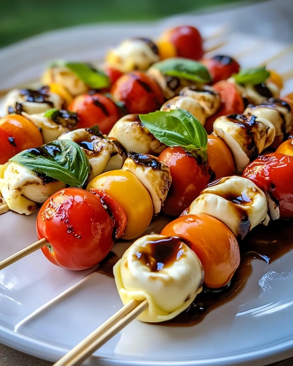 Sommerliche Caprese Tortellini Spieße mit Balsamico-Glasur