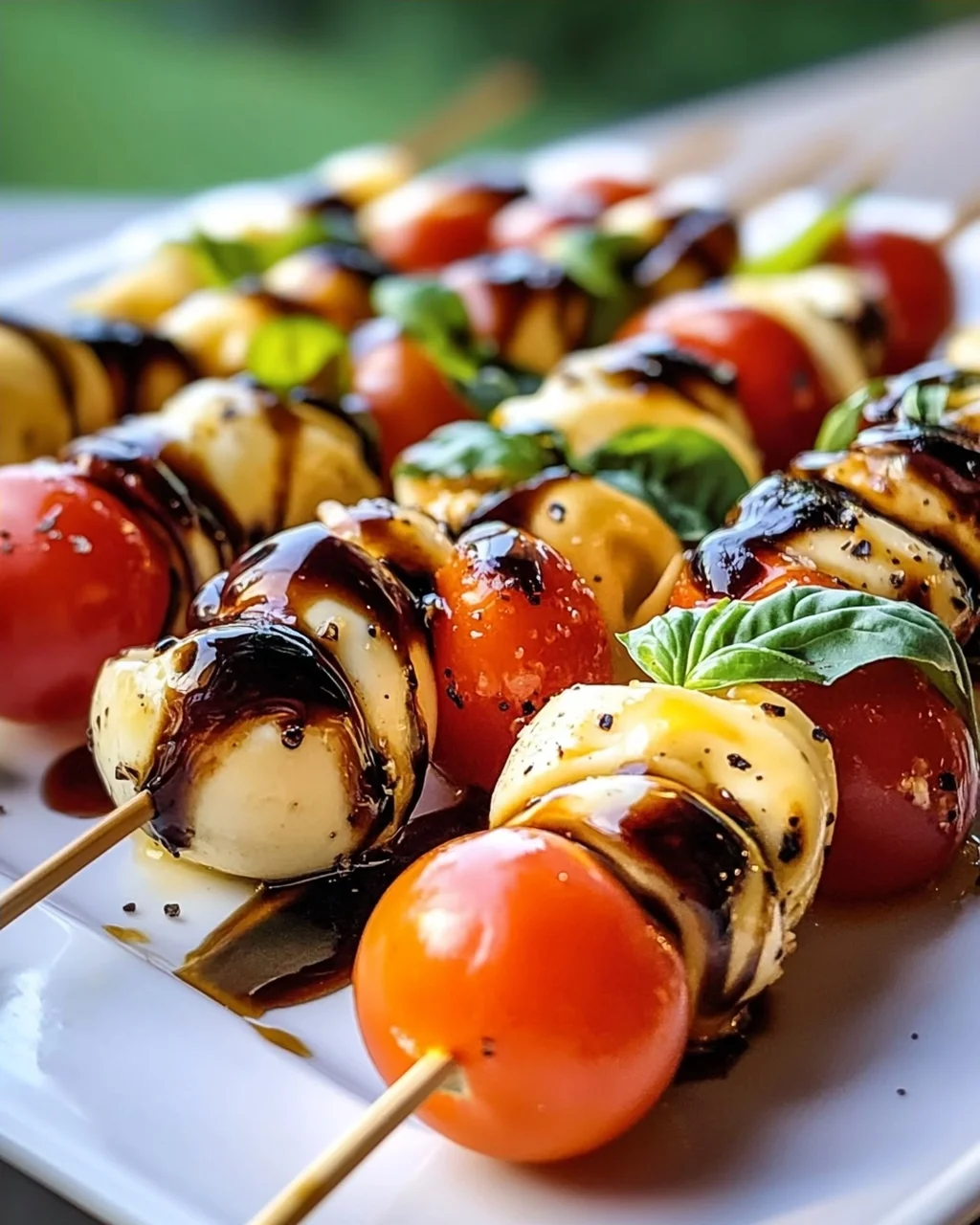 Sommerliche Caprese Tortellini Spieße mit Balsamico-Glasur