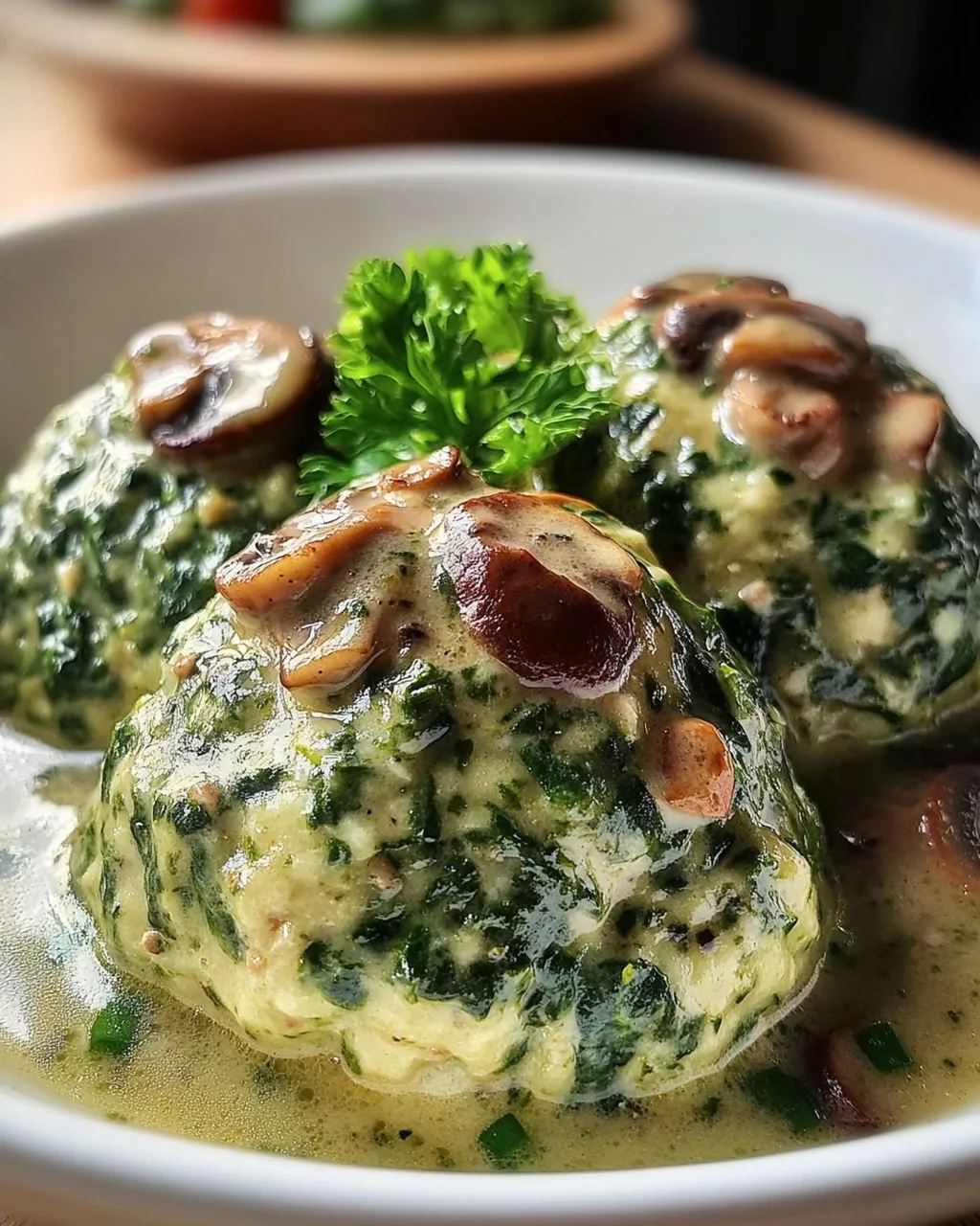 Südtiroler Spinatknödel mit Pilzrahm