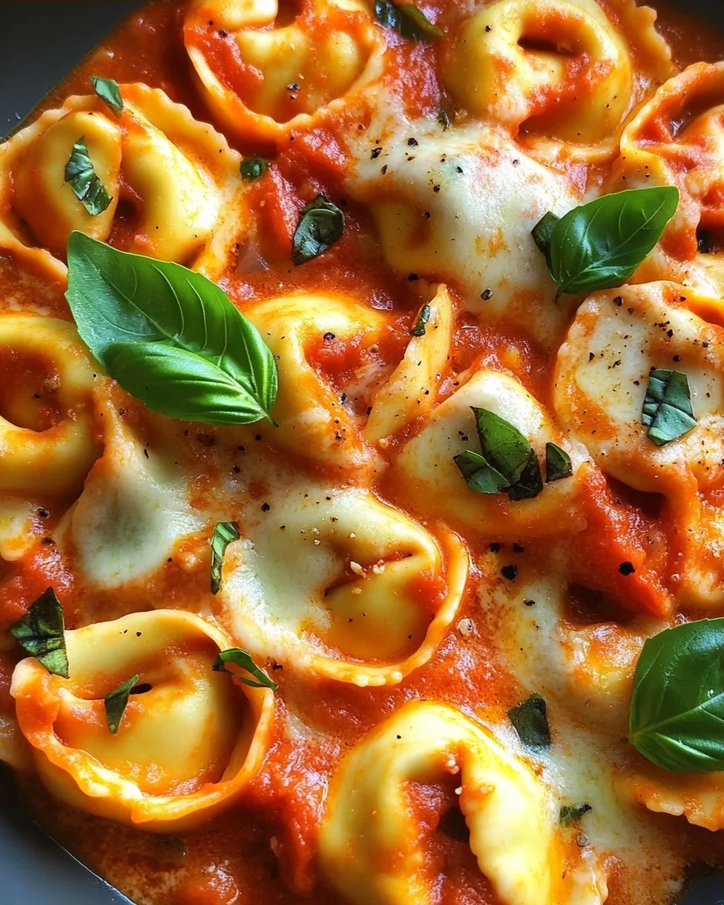 Tortellini mit Tomaten-Sahnesoße, Käse und Basilikum