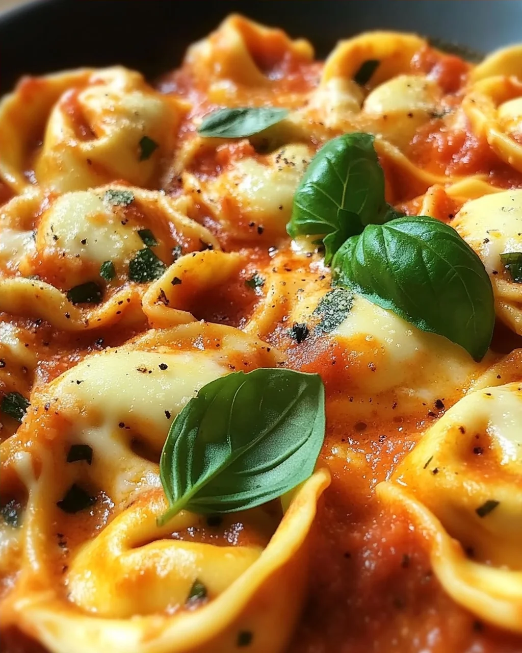 Tortellini mit Tomaten-Sahnesoße, Käse und Basilikum