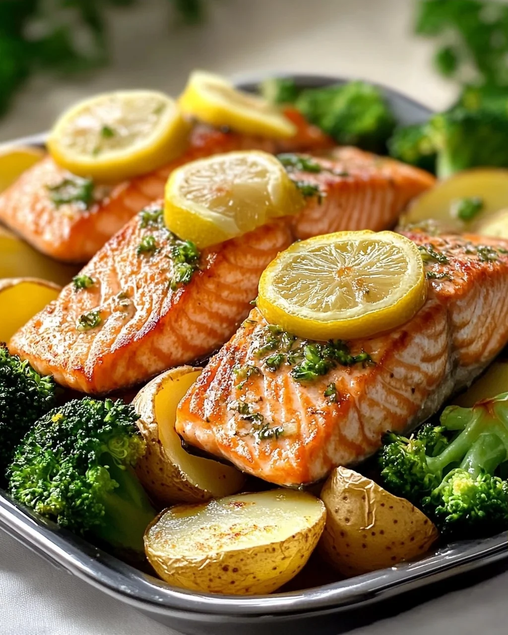 Zitronenbutterlachs mit Knusprigen Kartoffeln und Brokkoli